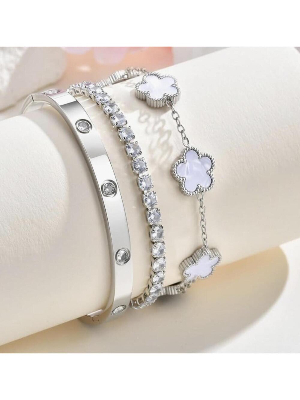 Set of 3 Silver Bracelets with White Clover and Crystal Accents